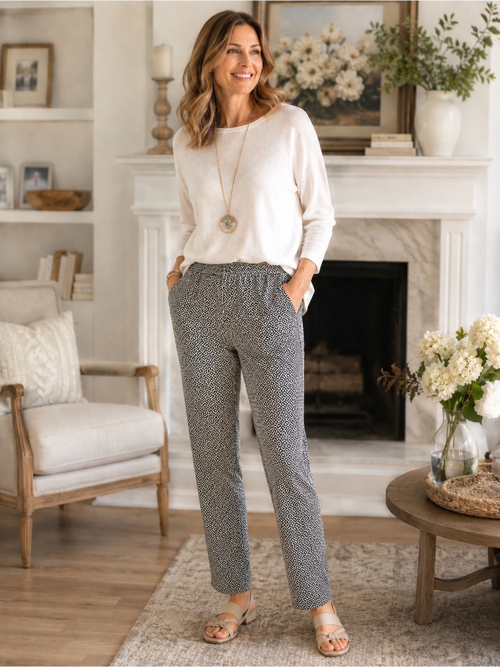 J Jill Pants Patterned Essential Slim Ankle Size 8   Elastic Waist Pockets